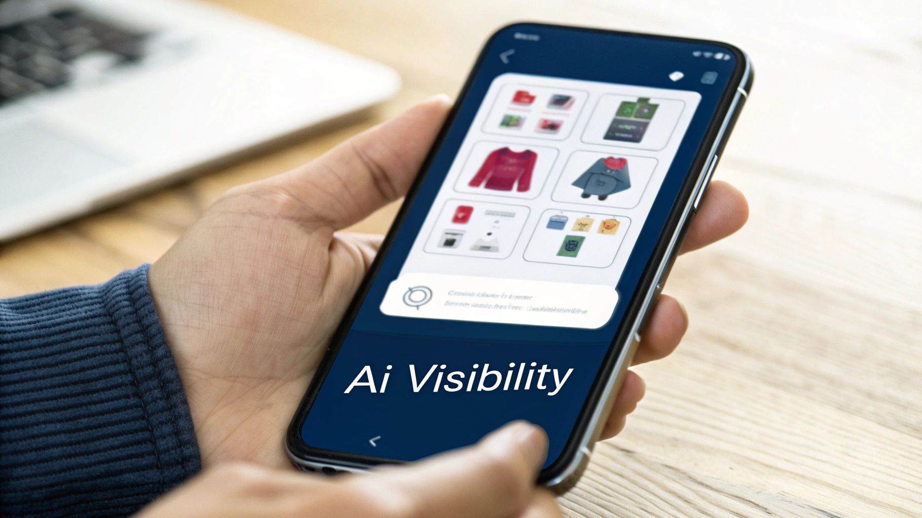 A hand holds a smartphone displaying a shopping app with clothing items and 'Ai Visibility' text.