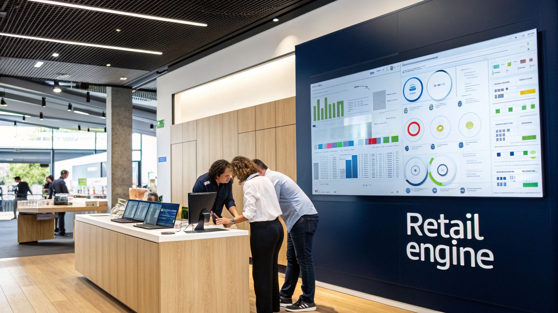 Retail Workflow Automation: The New Competitive Advantage 1 Three colleagues collaborate at a desk with laptops and a monitor, facing a large retail analytics display.