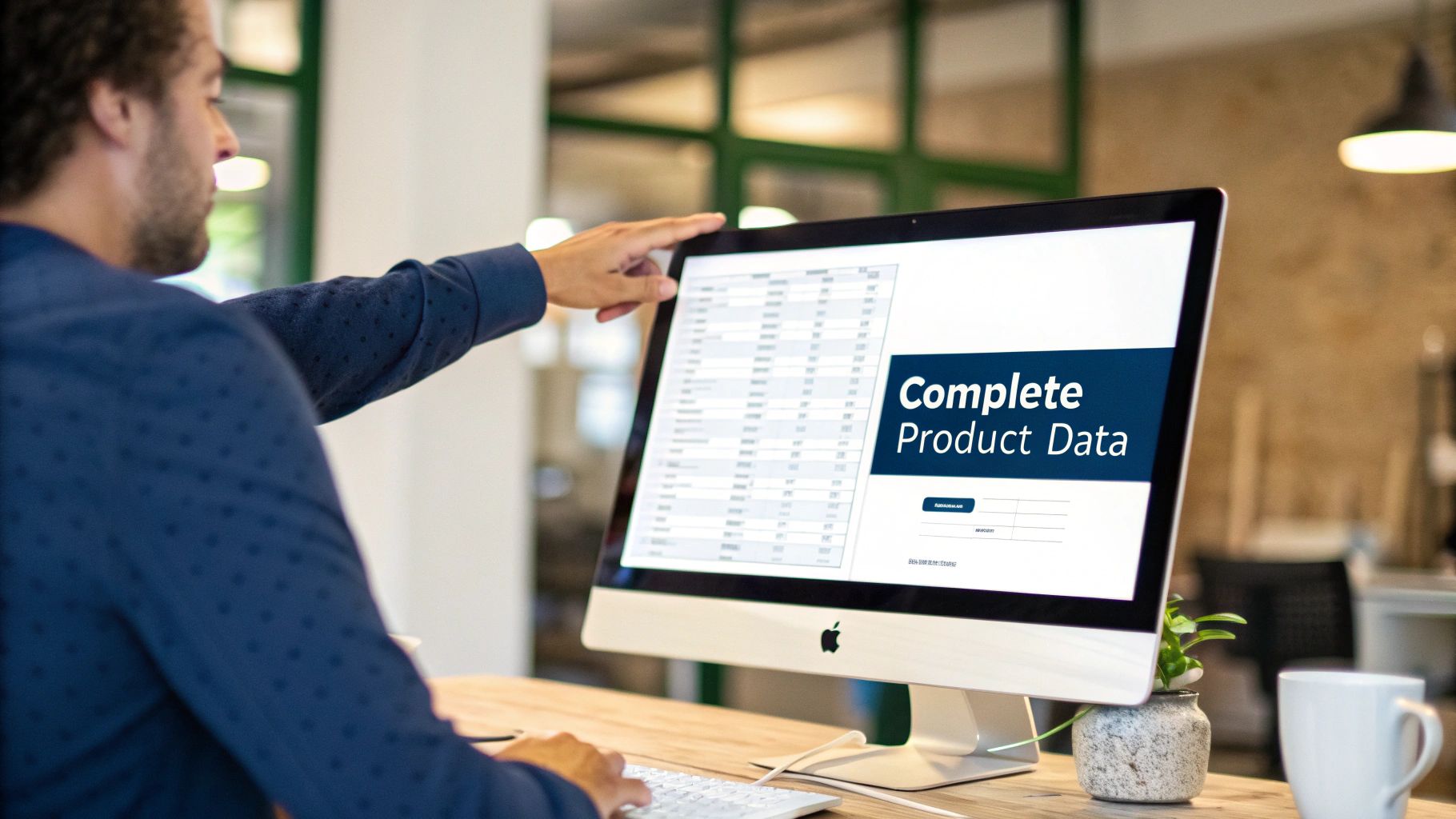 A man points at an iMac screen displaying a 'Complete Product Data' interface with a spreadsheet.