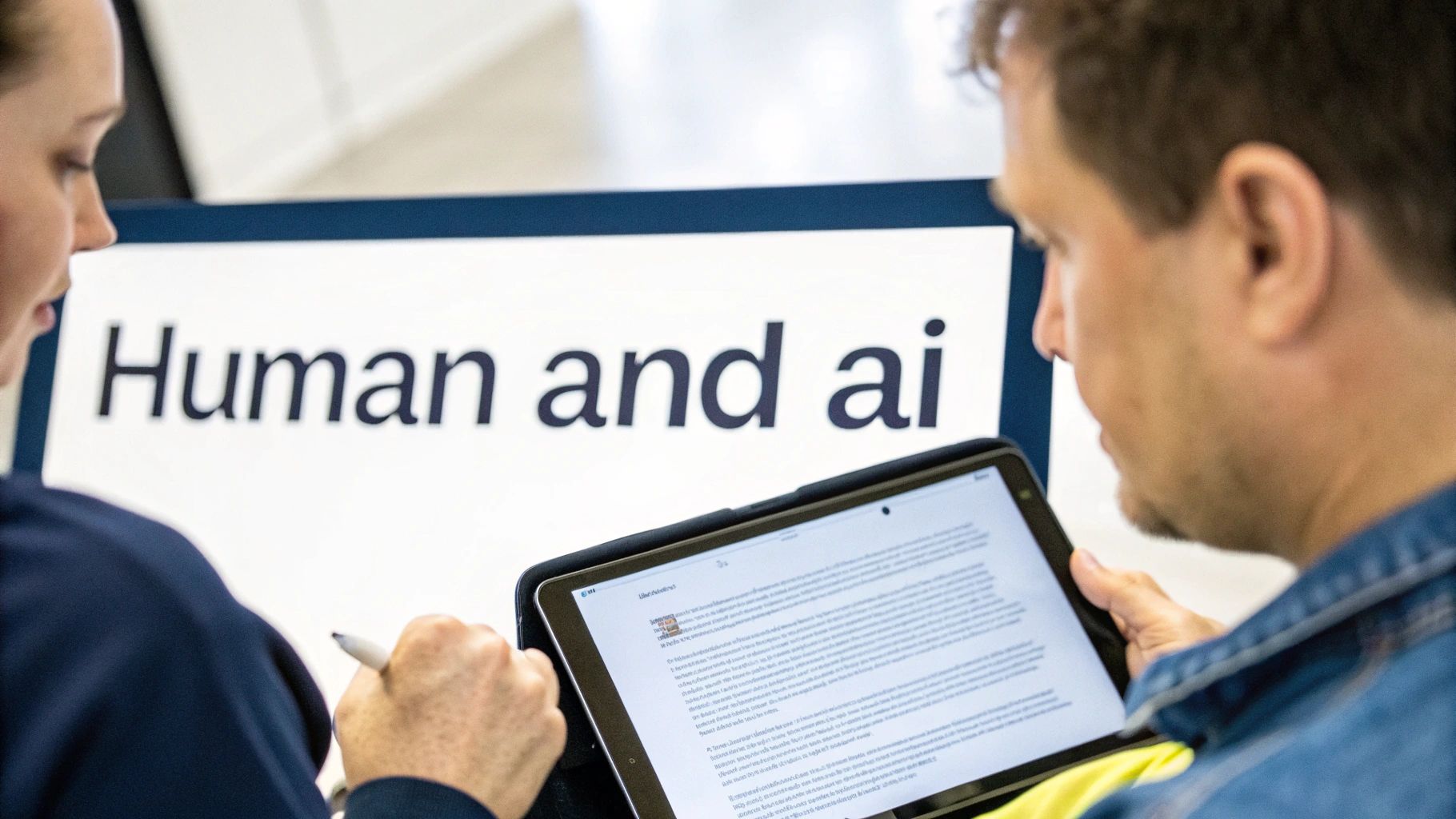 Two people are seen interacting with technology, with a tablet and a large screen displaying "Human and ai."
