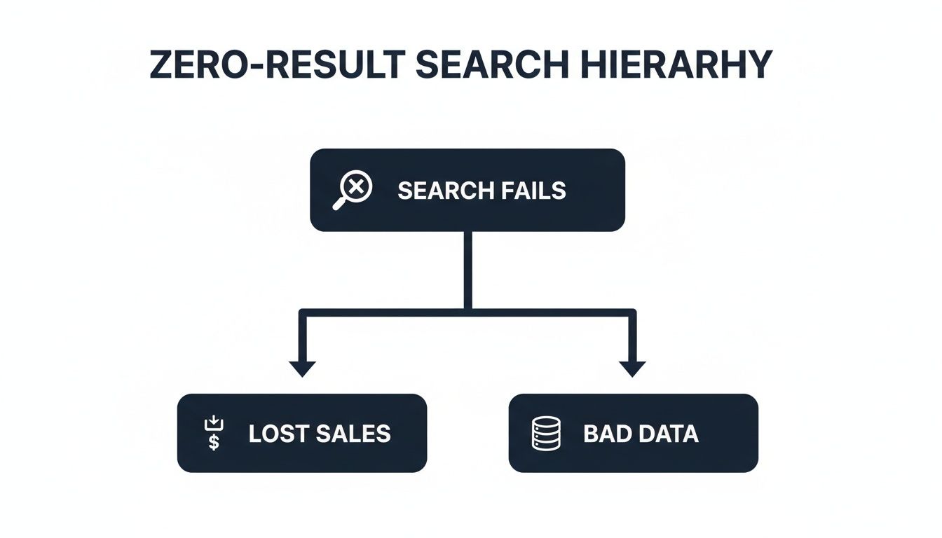 Why Zero-Result Searches Keep Happening on Ecommerce Sites 1 Hierarchy diagram illustrating that search fails lead to lost sales and bad data in e-commerce.