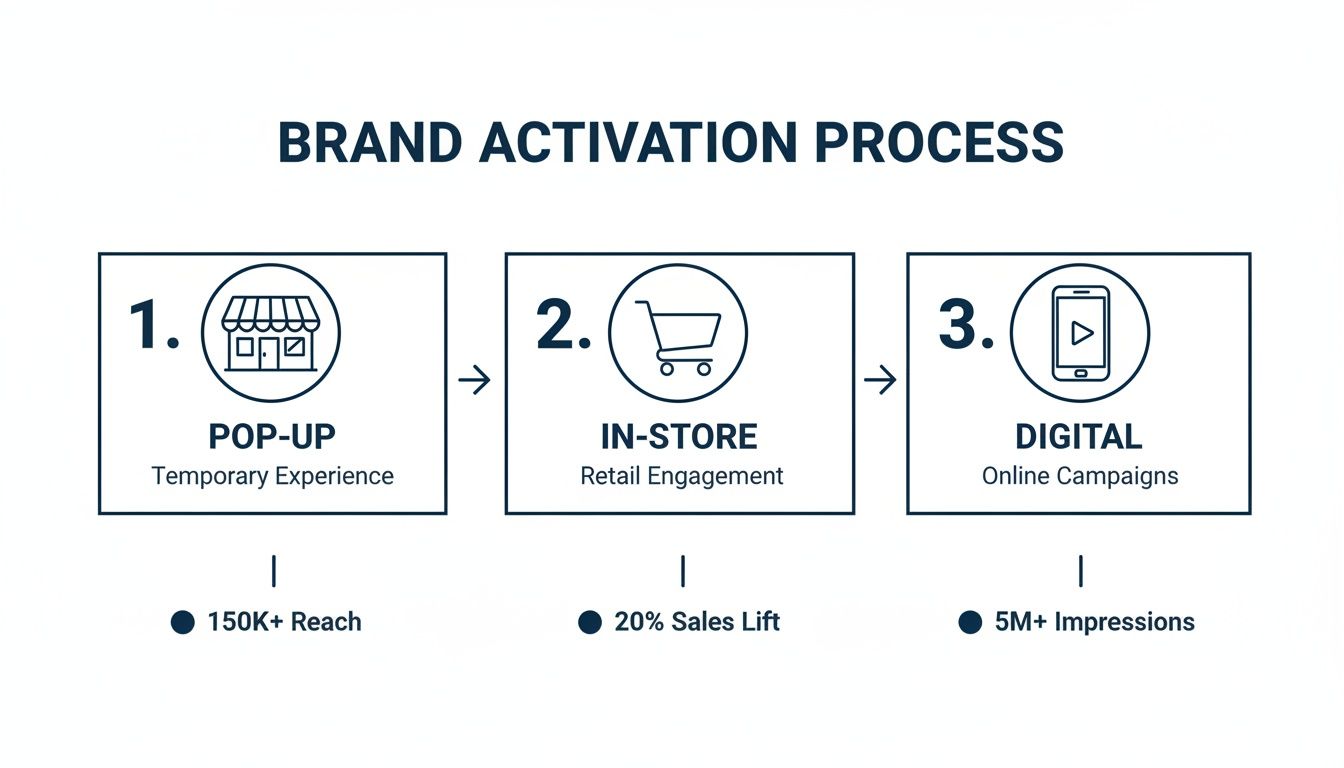 Infographic illustrating a three-step brand activation process: Pop-Up, In-Store, and Digital, with key metrics.