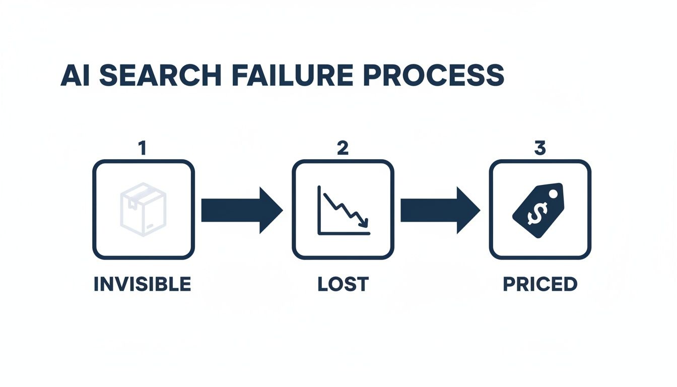 A diagram illustrating the AI search failure process: Invisible products lead to lost sales, resulting in missed revenue.