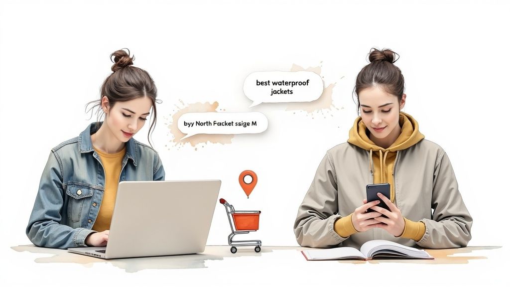 Two young women are online shopping for jackets, showing different search queries.