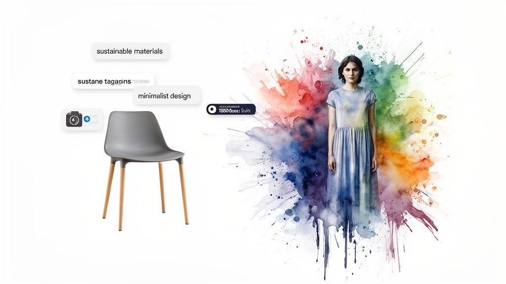 Elevate Retail Growth with Brand Positioning in Marketing Insights 2 A gray minimalist chair with wooden legs, beside a woman in a blue dress, against a vibrant watercolor splash.
