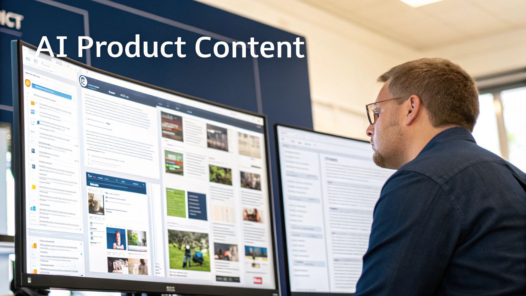 Ecommerce Conversion Rate Optimisation for Australian Retailers 3 Man in glasses working on dual monitors displaying AI product content, focusing on a screen.