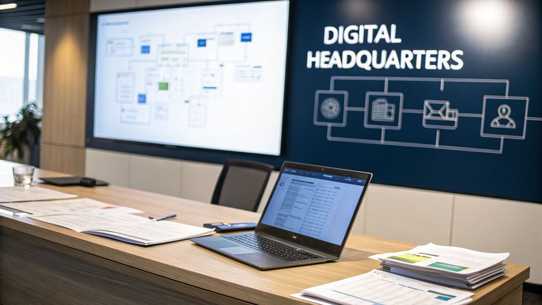 What is product information management: A Practical Guide for Modern Commerce 1 A modern meeting room with a laptop on a wooden table, displaying 'Digital Headquarters' on a large screen.