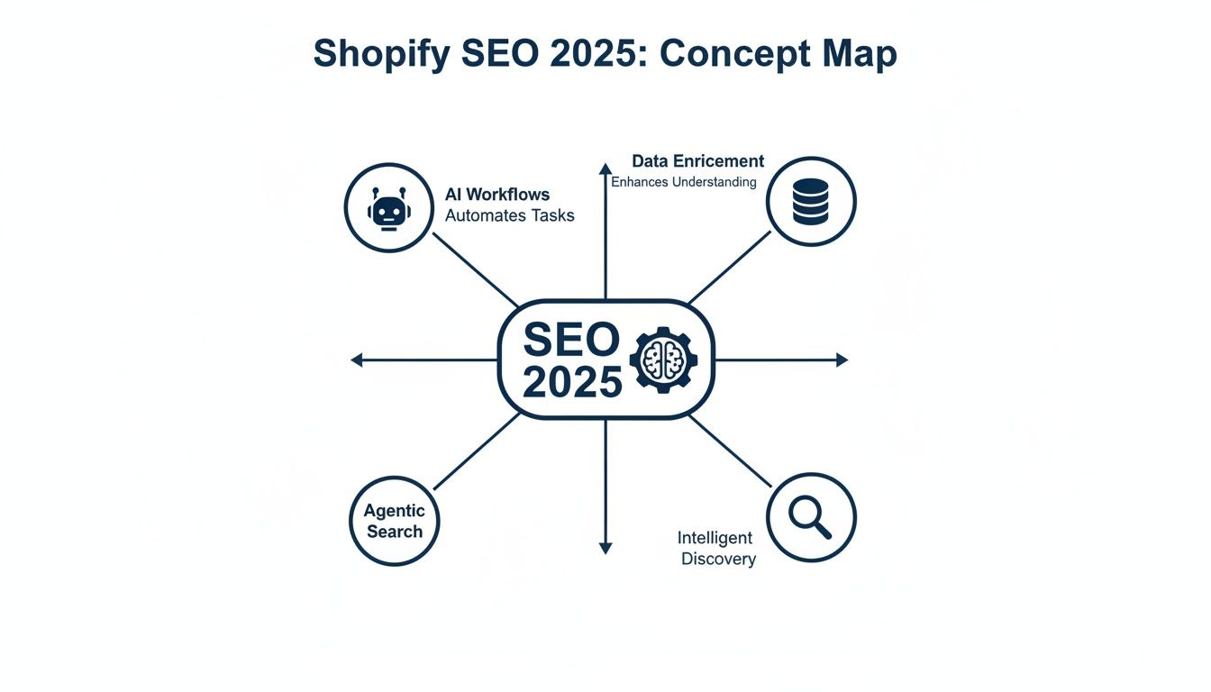 Shopify SEO for Retailers: What Actually Works in 2025 1 A concept map illustrating Shopify SEO strategies for 2025, featuring AI workflows, data enrichment, agentic search, and intelligent discovery.