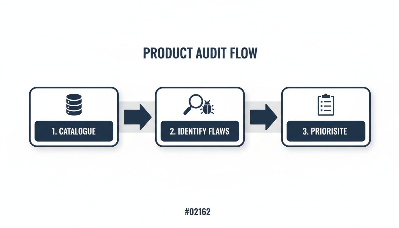 How Fixing Product Content Improves SEO and On-Site Search Simultaneously 2 A three-step product audit flow: catalogue, identify flaws, and prioritise issues.
