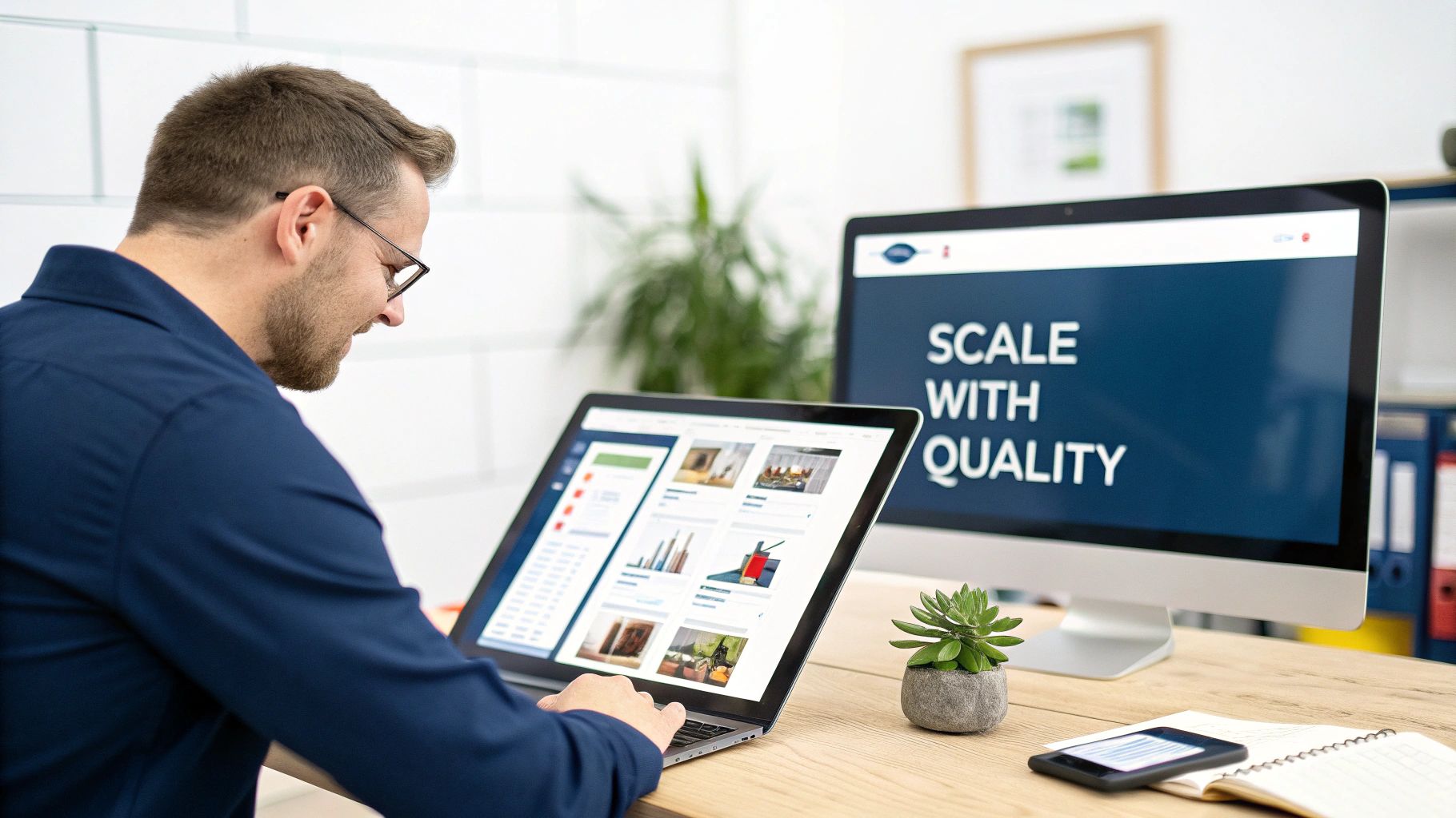 A man in a blue shirt works on a laptop at a desk with a monitor displaying "SCALE WITH QUALITY."