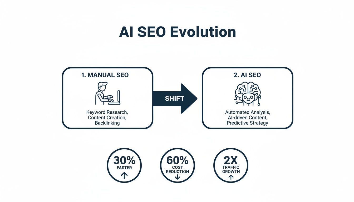 Why Supplier-Led Content Breaks Ecommerce Discovery and How to Fix It 3 Infographic showing the evolution from manual SEO to AI SEO, highlighting benefits like speed, cost, and traffic.