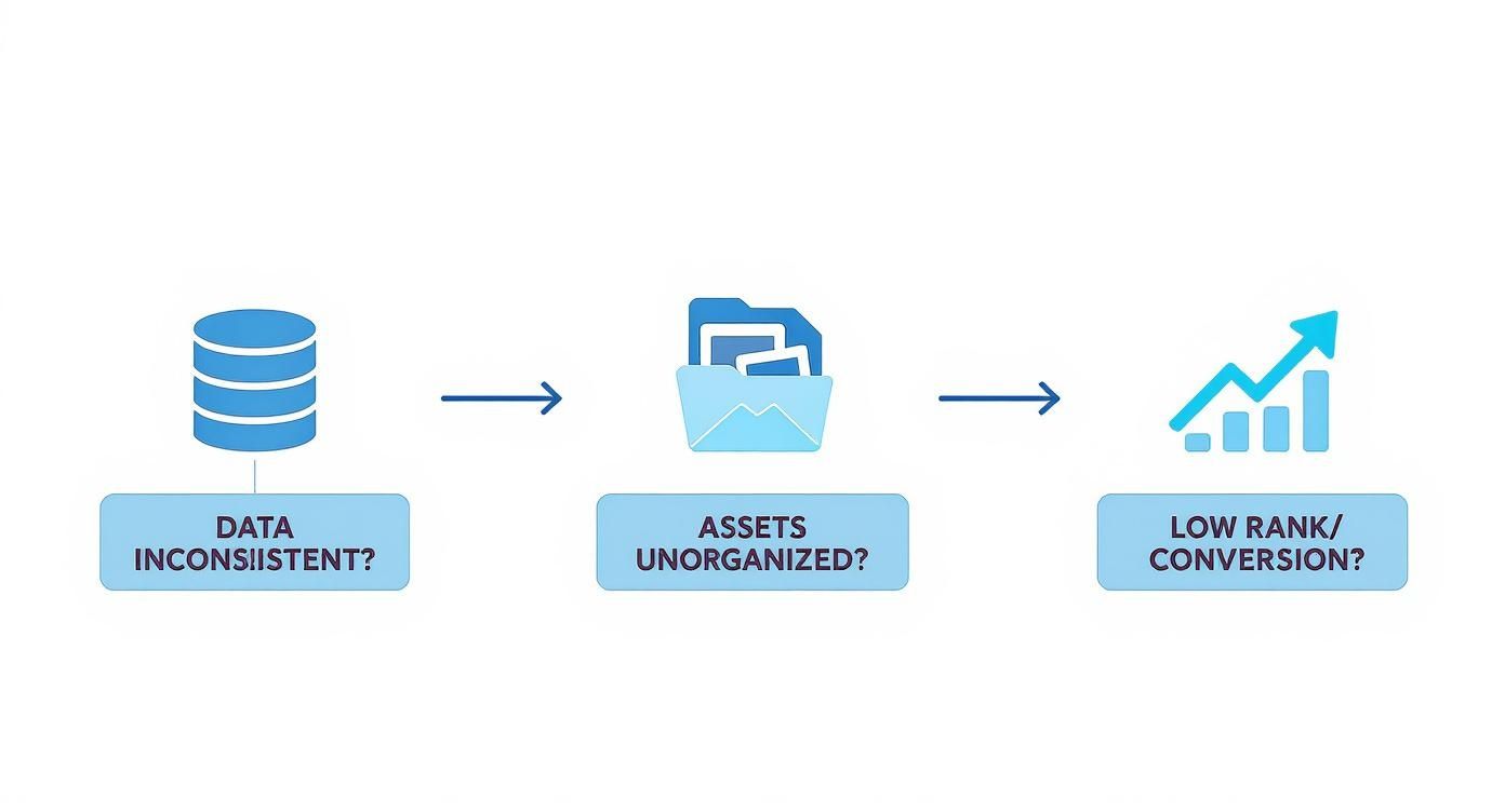 An infographic decision tree showing how to choose between a PIM, DAM, or Product Optimisation Platform based on business goals like data inconsistency, asset disorganisation, or low conversion rates.