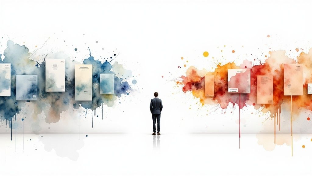 Businessman stands before a vibrant wall with watercolor splashes and multiple cards, symbolizing choices.