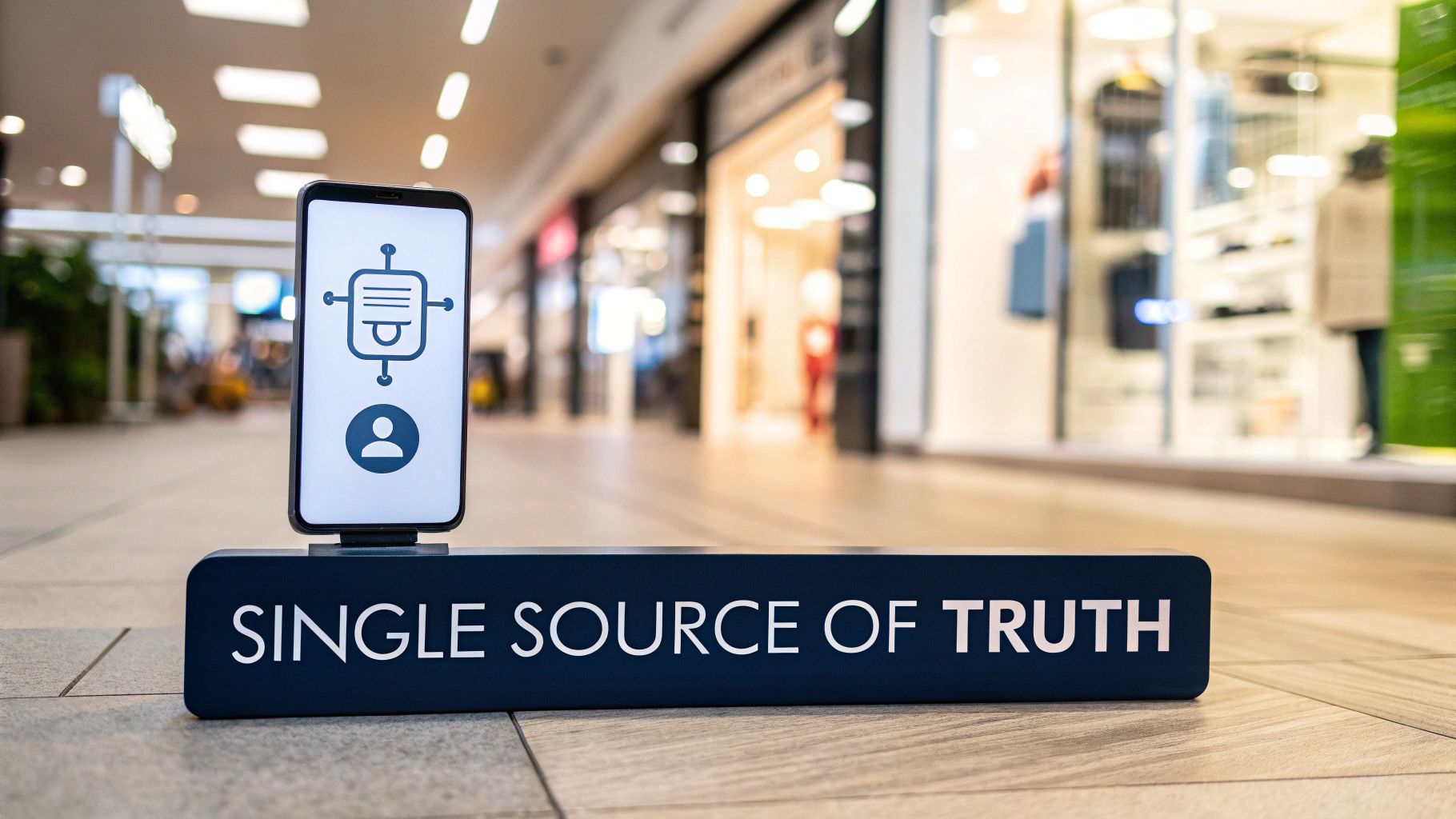 Smartphone displaying a data/user icon on a 'SINGLE SOURCE OF TRUTH' block in a mall.