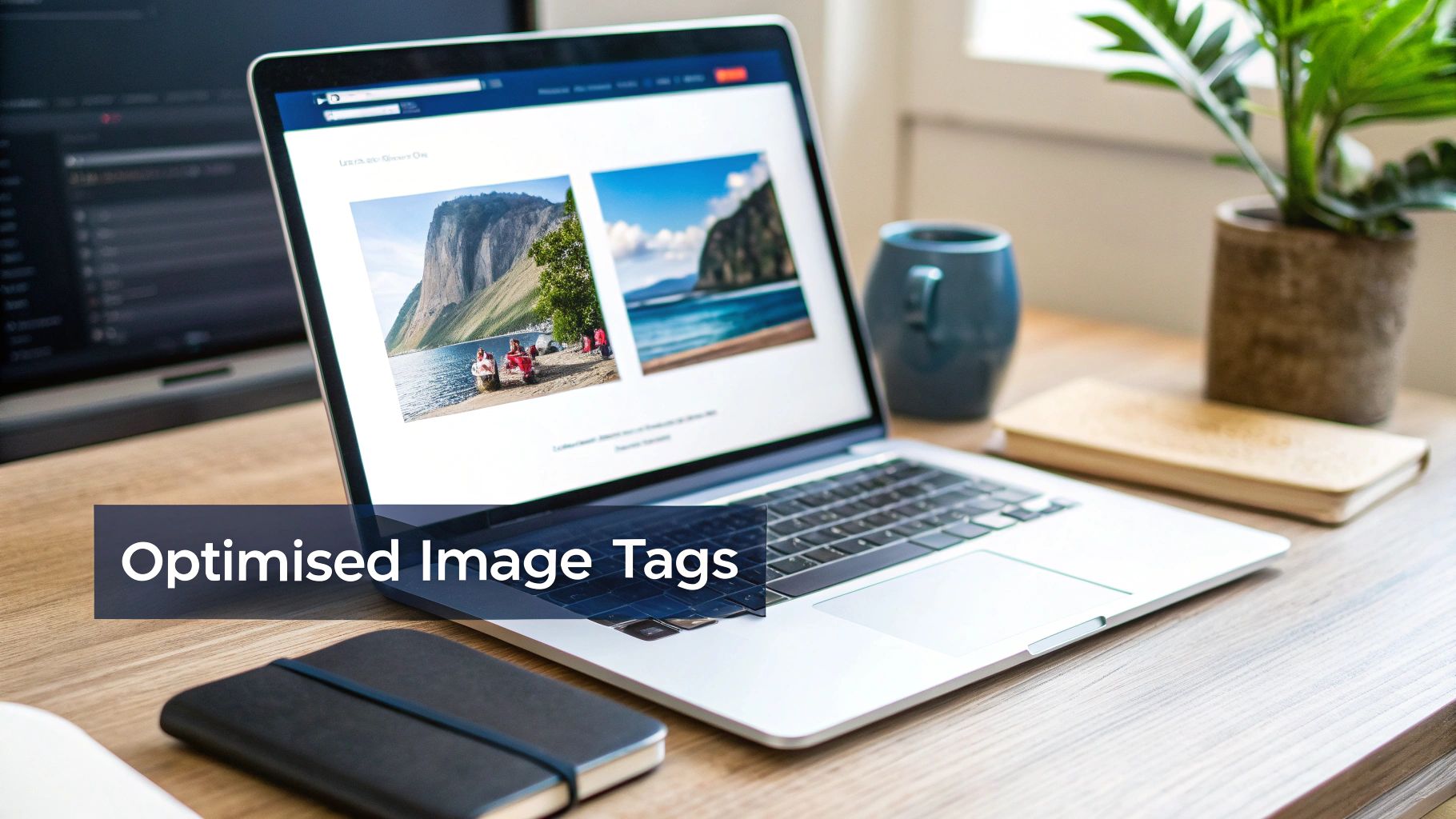 Laptop displaying scenic travel images on website with optimised image tags text overlay