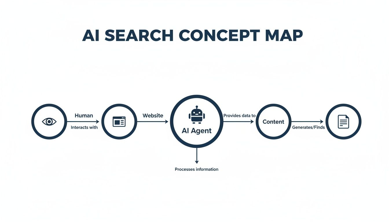 AI Search Concept Map illustrating human interaction with a website, processed by an AI agent to generate content.