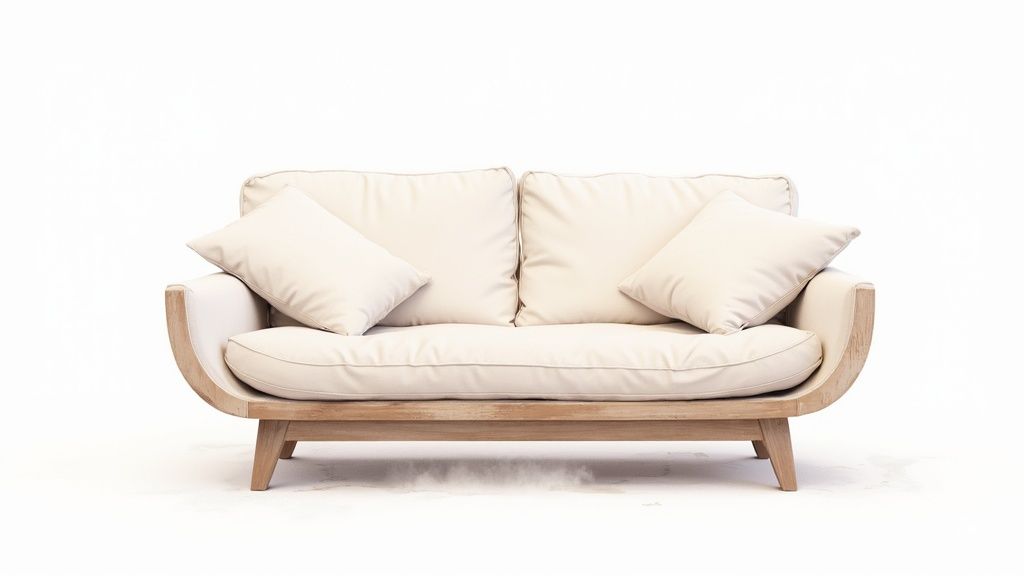 Automate Your Digital Shelf With AI Product Feeds 2 Modern two-seater sofa with cream cushions and a curved light wood frame on white background.