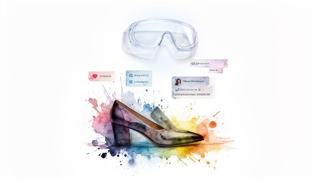 Safety goggles above a watercolor-style high-heeled shoe with colorful splashes and digital interface elements.