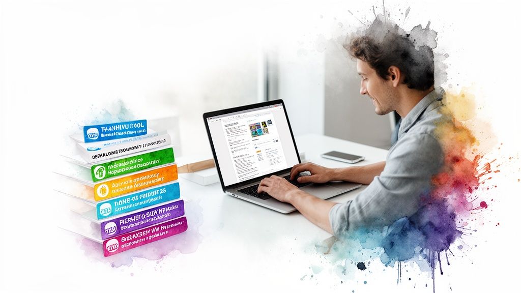 Product Page SEO: A Guide for Australian Retail Leaders 2 A smiling man works on a laptop at a desk, surrounded by colorful documents and vibrant watercolor splashes.