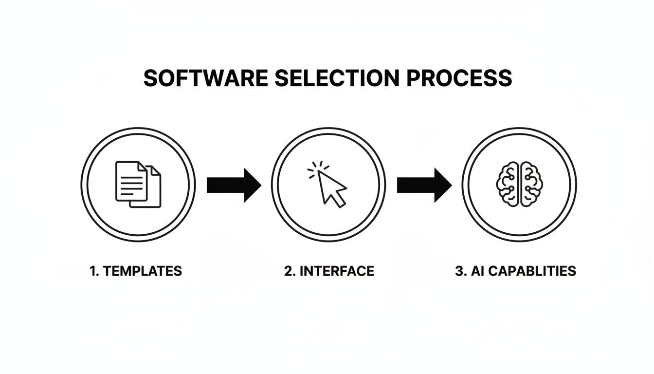 A diagram outlining a three-step software selection process: templates, interface, and AI capabilities.