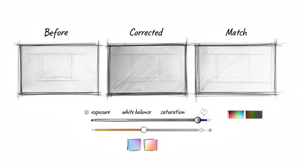 Sketches showing image adjustments: Before, Corrected, and Match, with sliders for exposure, white balance, and saturation.