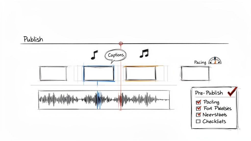 A whiteboard sketch depicting a video editing timeline with publish, captions, audio, and a pre-publish checklist.