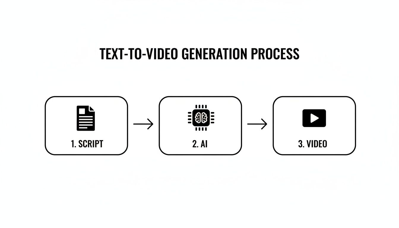 Flowchart showing text-to-video generation: script input, AI processing, and video output.