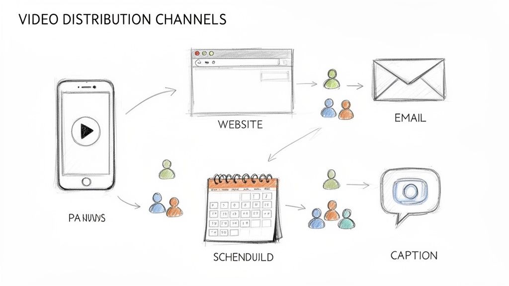 A diagram illustrating video distribution channels, showing content flow from a phone to a website, scheduled posts, email, and captions.
