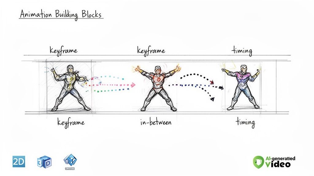 Diagram illustrating animation building blocks with keyframes, in-betweens, and timing using a superhero.