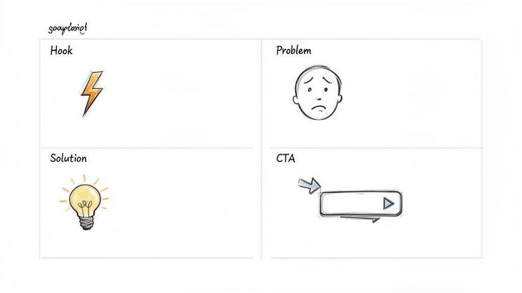 A visual template for structuring a message with sections for hook, problem, solution, and call to action.