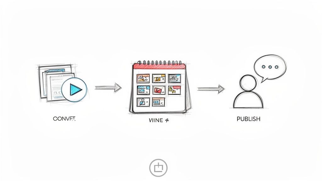 A hand-drawn diagram illustrating the steps for converting, scheduling, and publishing content.
