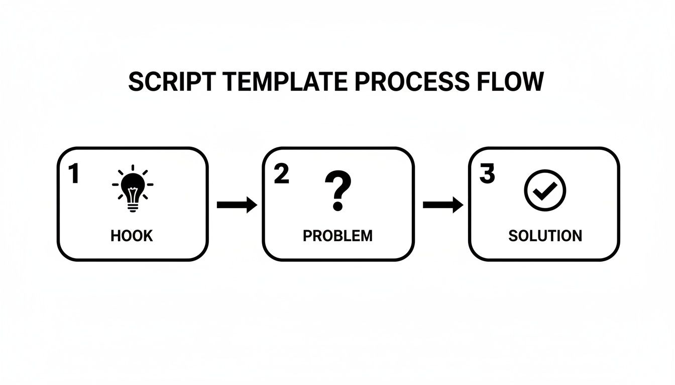A script template process flow diagram illustrating three sequential steps: Hook, Problem, and Solution.