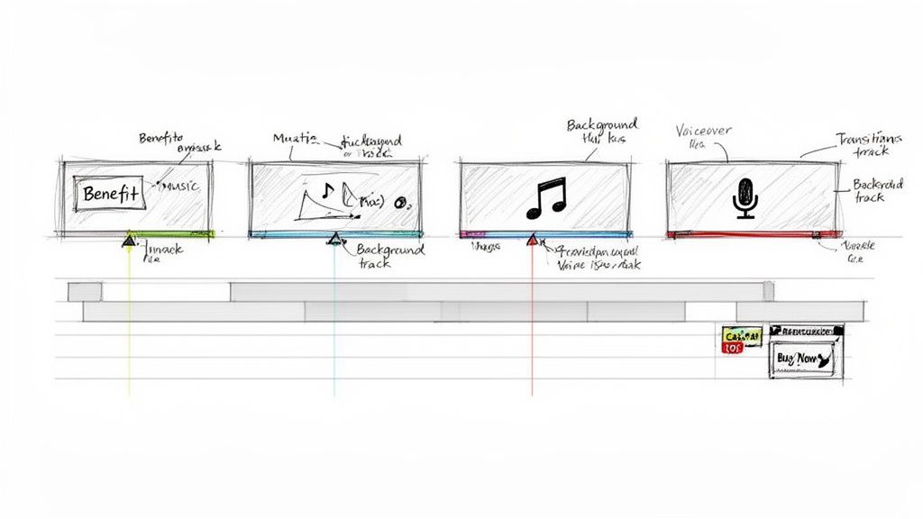 Storyboard sketch detailing tracks and elements for product video creation timeline.
