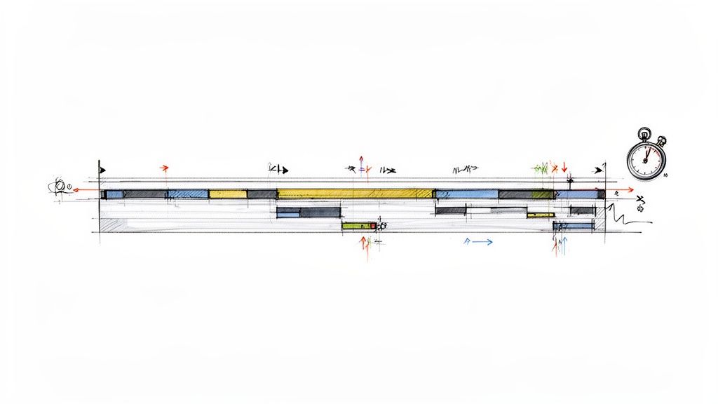 A hand-drawn timeline with colored segments and annotations, illustrating a process or video editing sequence with a stopwatch.