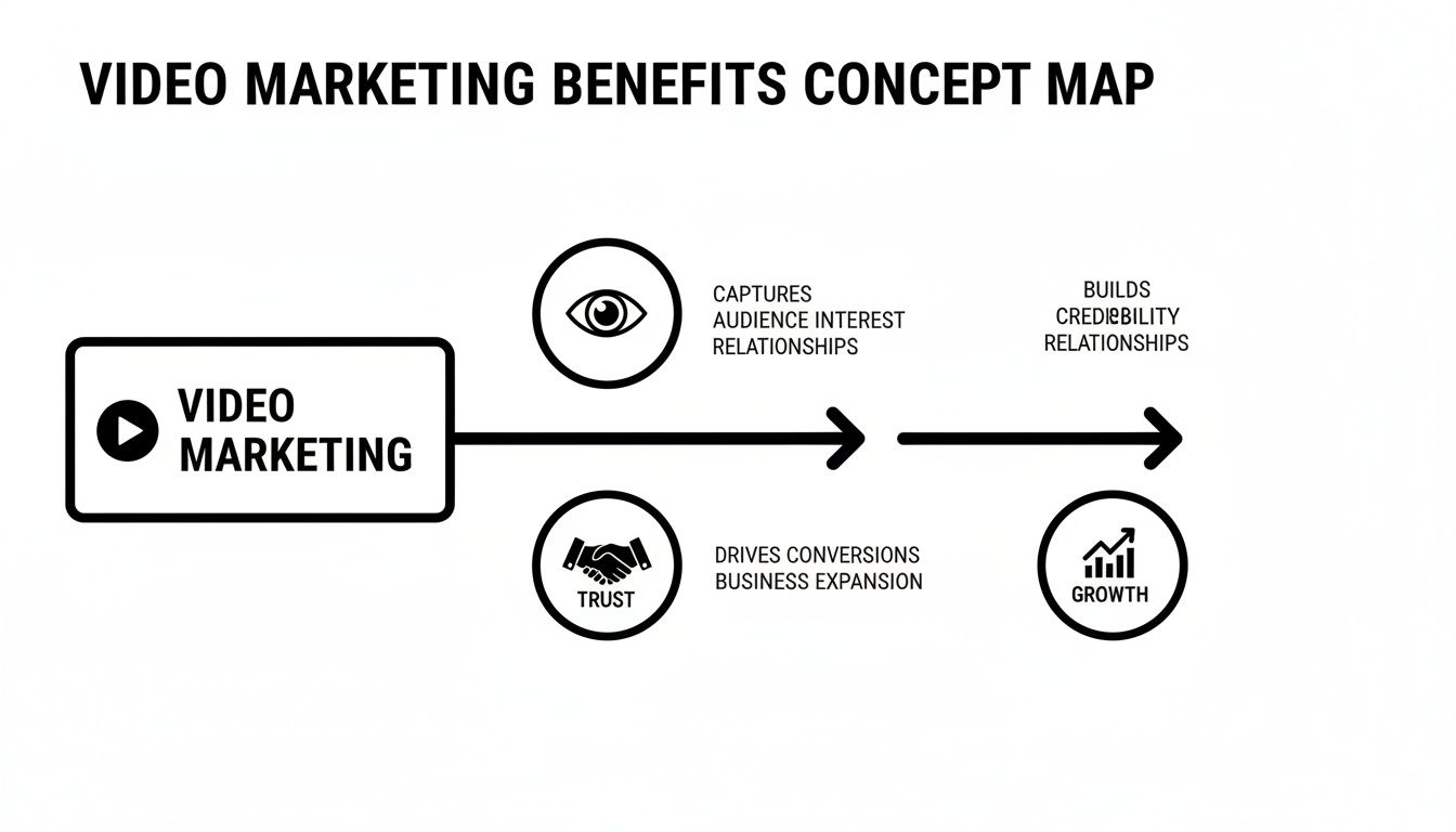 A concept map illustrating video marketing benefits, including capturing audience interest, building trust, and driving growth.