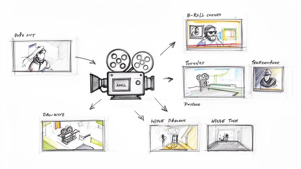 A diagram illustrating a central 'A-roll' camera connected to various filmmaking techniques and shot types.