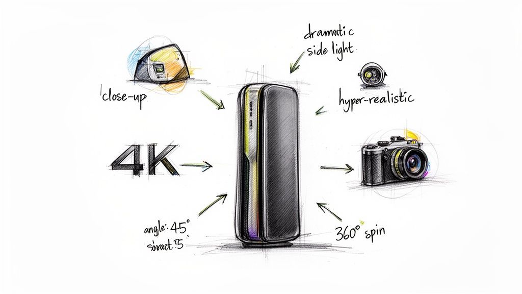Sketch of a product device showcasing video features like 4K, close-up, and 360-degree spin.