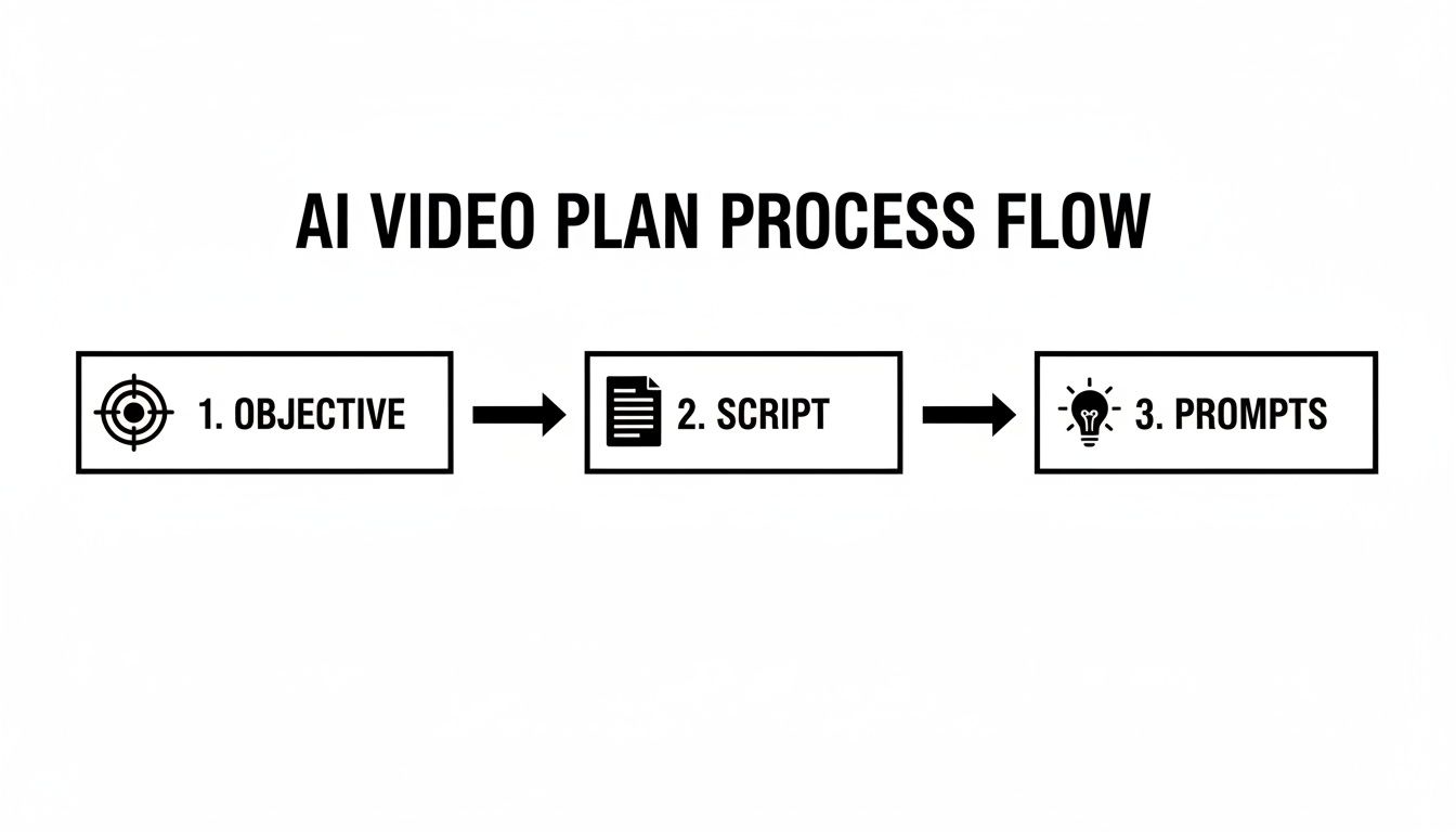 A clear AI video plan process flow showing three steps: Objective, Script, and Prompts.