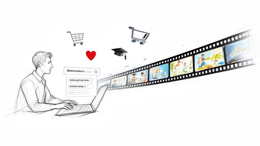 A man interacts with a laptop, surrounded by icons for shopping, learning, and a film strip of life scenes.