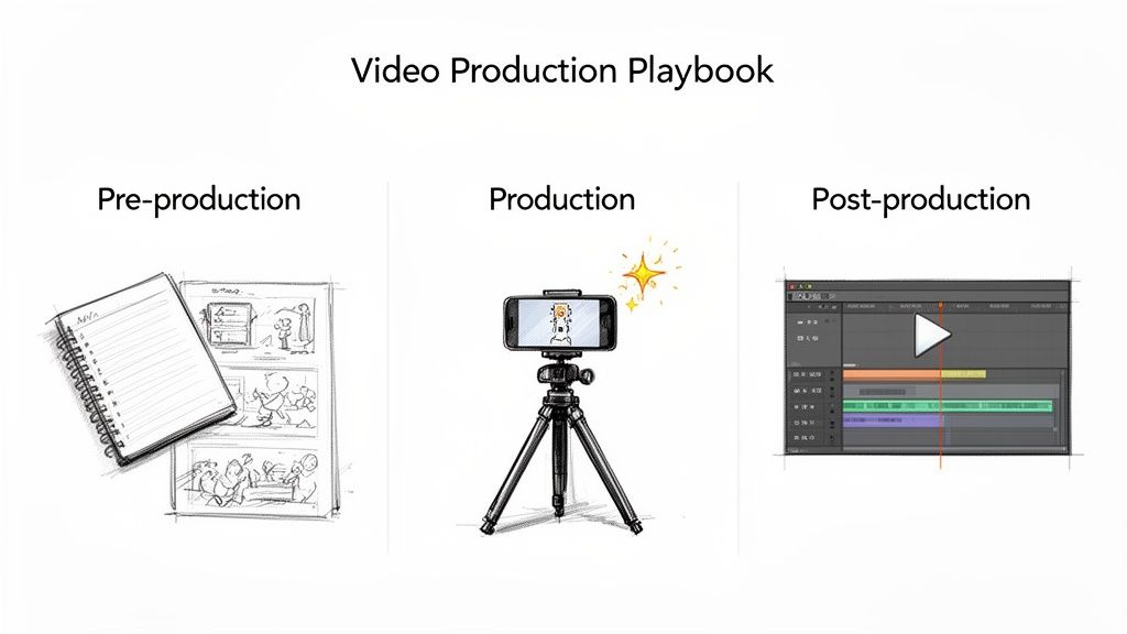 Visual guide to video production playbook, illustrating pre-production, production, and post-production steps.