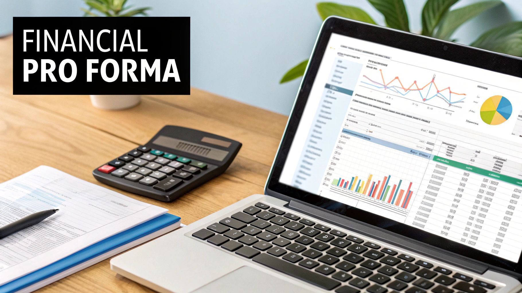 A black box with 'FINANCIAL PRO FORMA' text, a laptop showing financial charts, a calculator, and documents on a wooden desk.