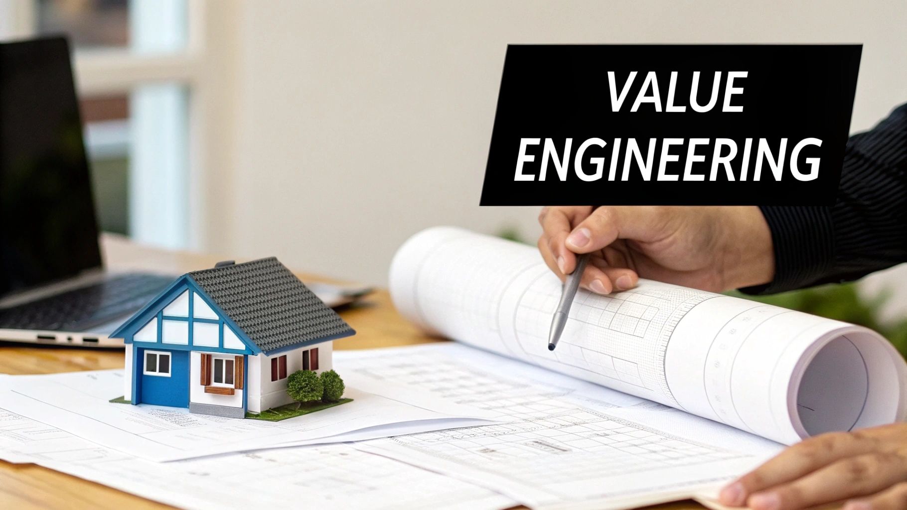 A person reviewing blueprints with a model house and laptop, displaying 'VALUE ENGINEERING' text.
