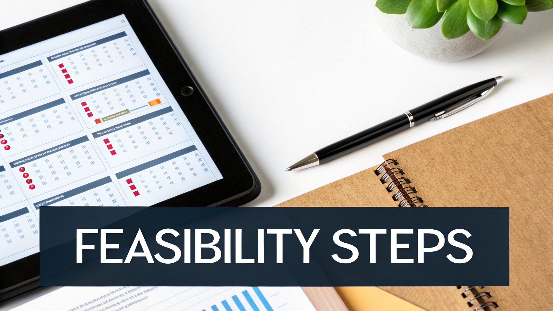 A tablet, pen, and notebook on a white desk with a text overlay 'FEASIBILITY STEPS'.