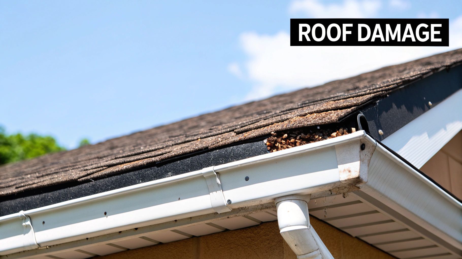 View of a residential roof showing damaged shingles and a white gutter filled with debris.