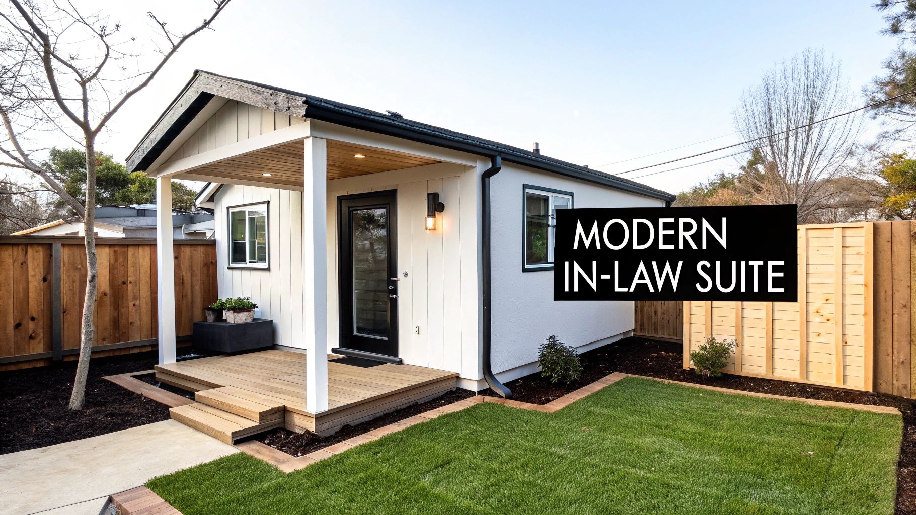 A clean, modern white in-law suite with a small wooden porch and manicured lawn.