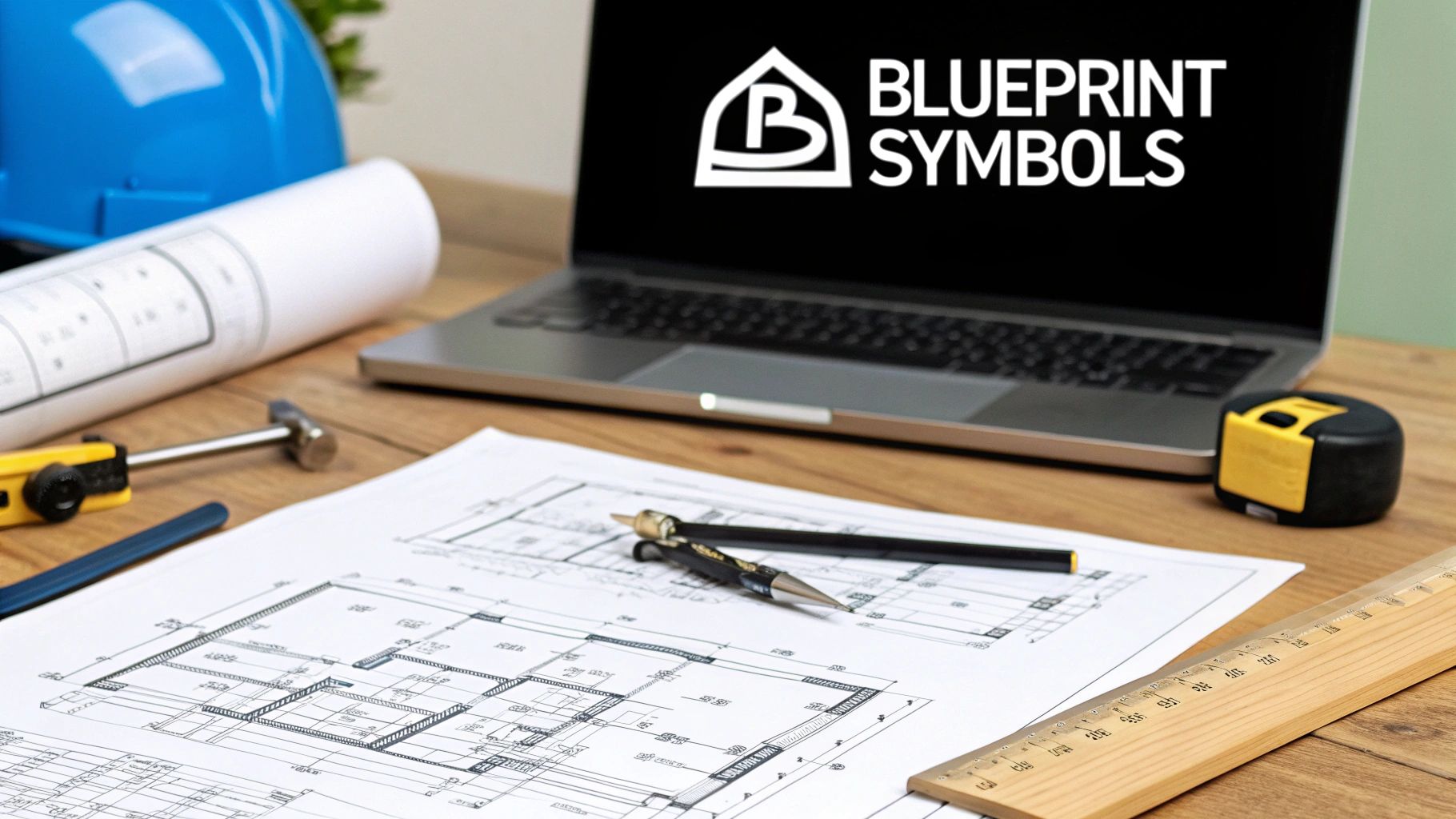 A desk with architectural blueprints, a laptop showing 'Blueprint Symbols', a hard hat, and drafting tools.