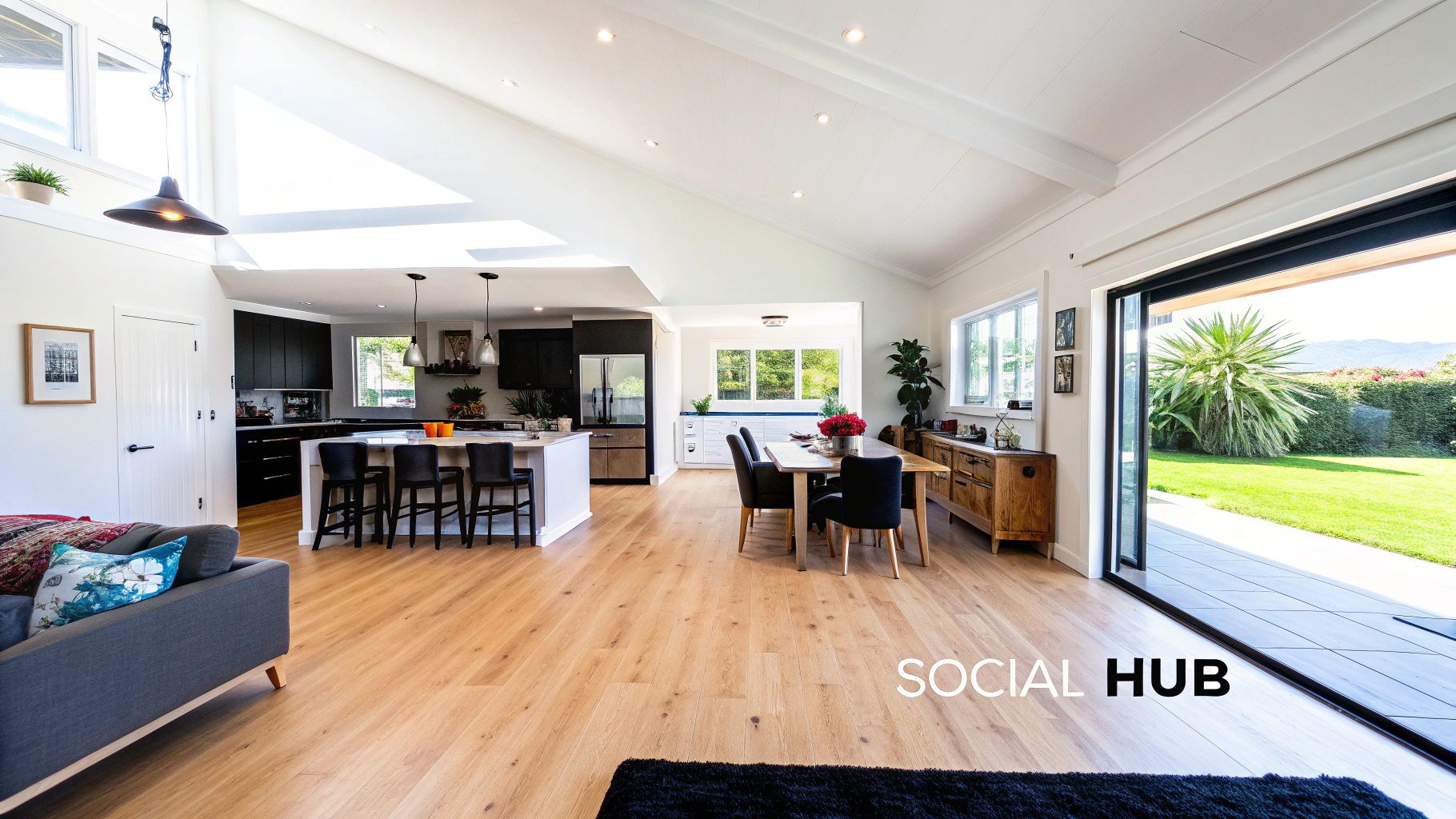 A bright and airy open floor plan showing a kitchen, dining area, and living room seamlessly connected.