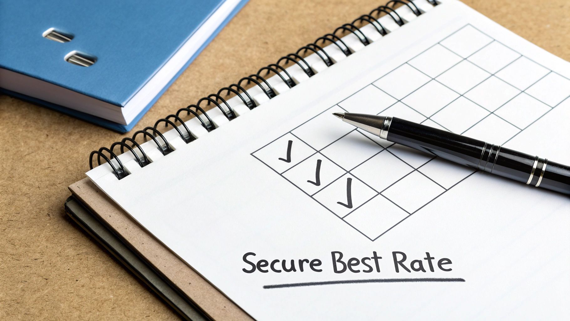 A spiral notebook with 'Secure Best Rate' text, a grid of checkboxes with checkmarks, and a pen.