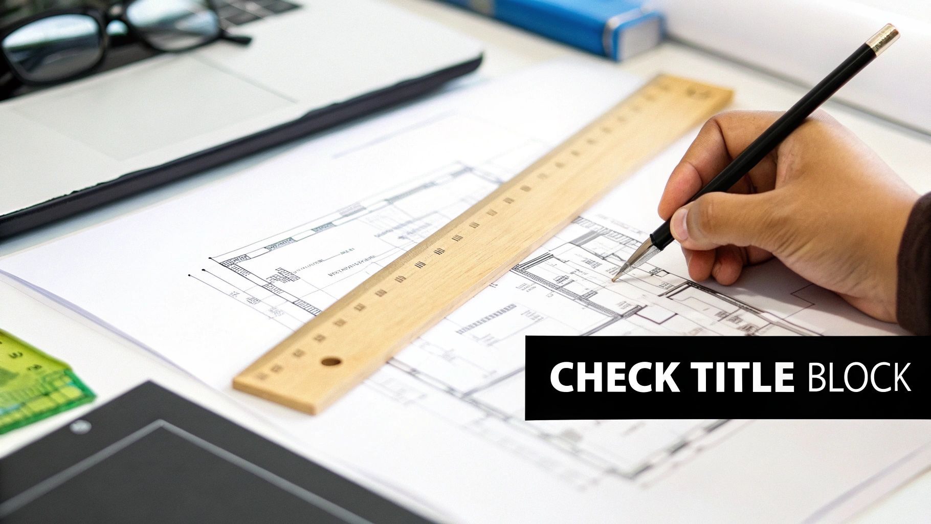 A person's hand drawing on architectural blueprints with a pen and ruler, surrounded by drafting tools.