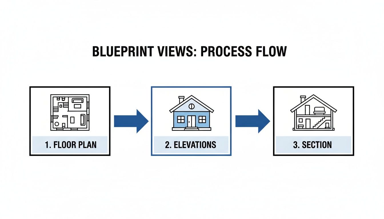 Illustrates the architectural blueprint process flow with floor plan, elevations, and section views.